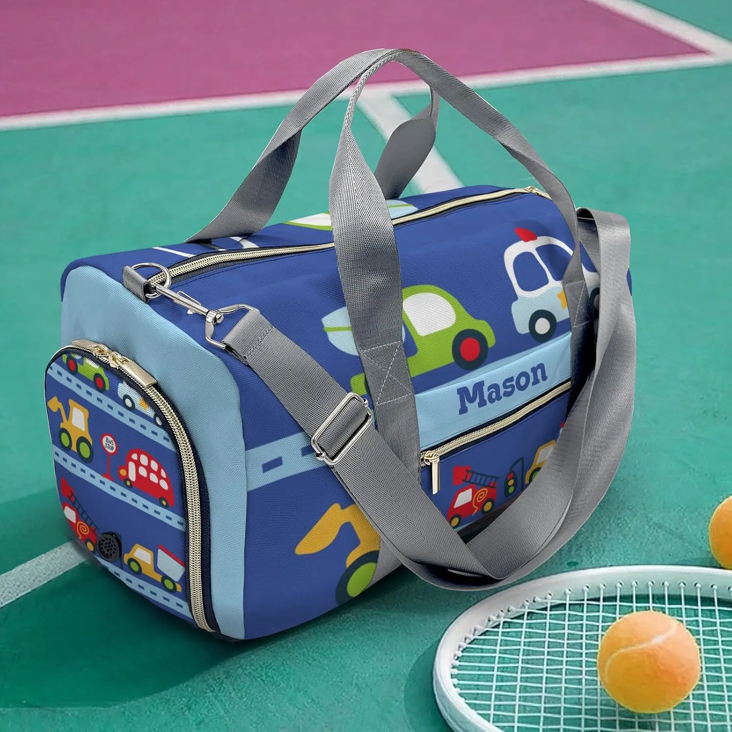 Cute Car Transport Personalized Duffel Bag,Custom Travel Gym Bag with Name,Waterproof Sports Overnight Bag with Shoe Compartment & Shoulder Strap