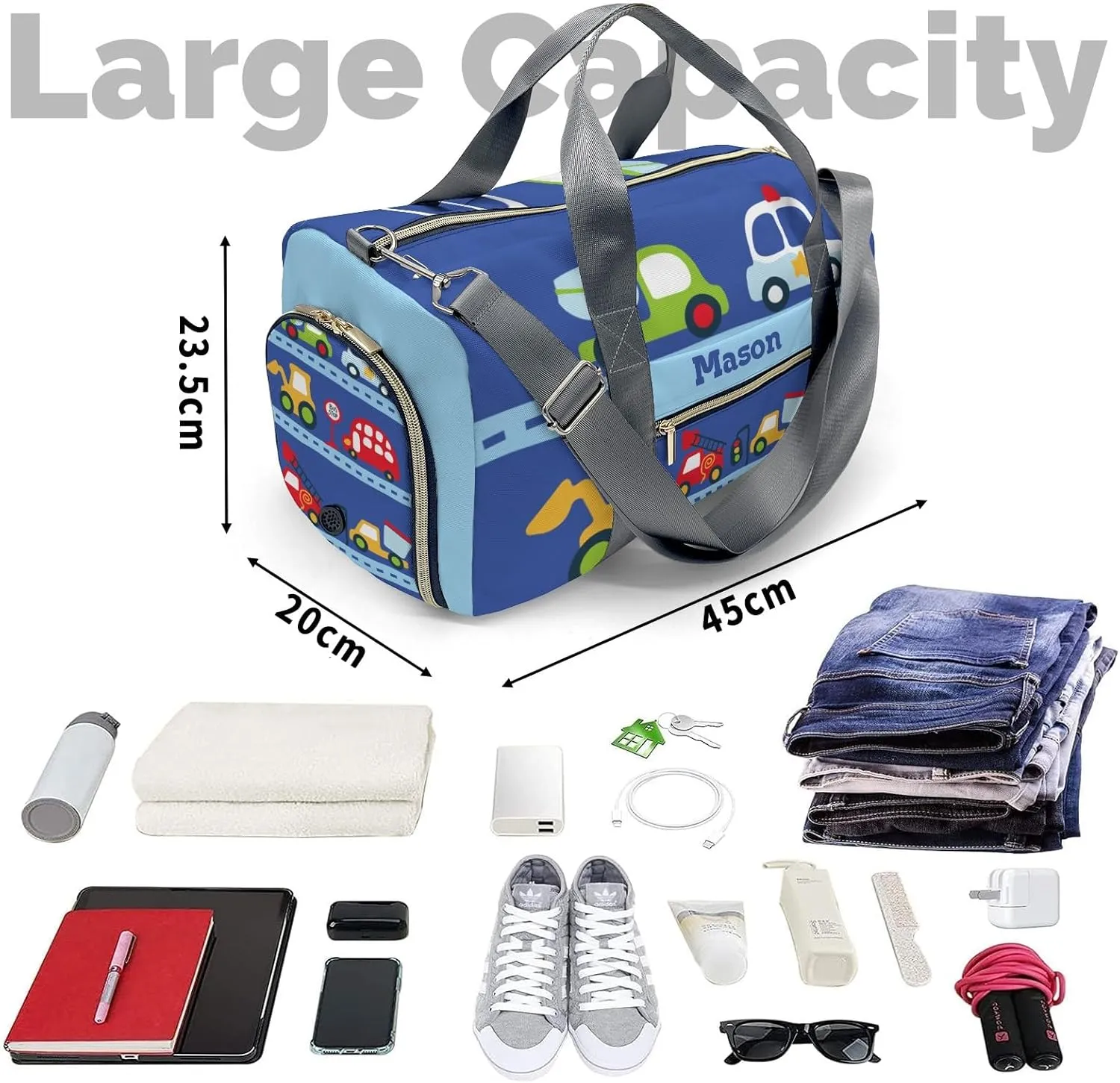 Cute Car Transport Personalized Duffel Bag,Custom Travel Gym Bag with Name,Waterproof Sports Overnight Bag with Shoe Compartment & Shoulder Strap