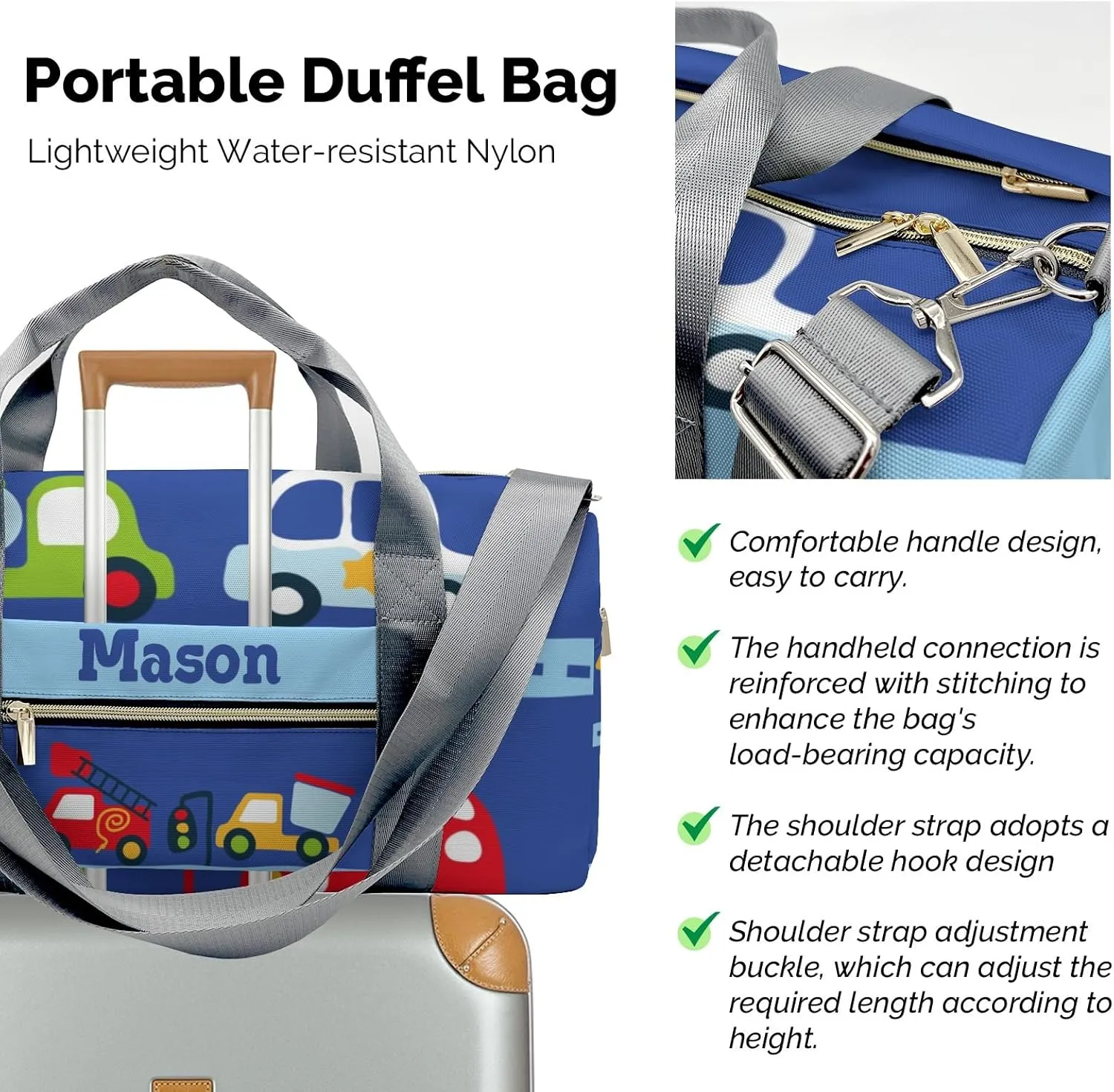 Cute Car Transport Personalized Duffel Bag,Custom Travel Gym Bag with Name,Waterproof Sports Overnight Bag with Shoe Compartment & Shoulder Strap