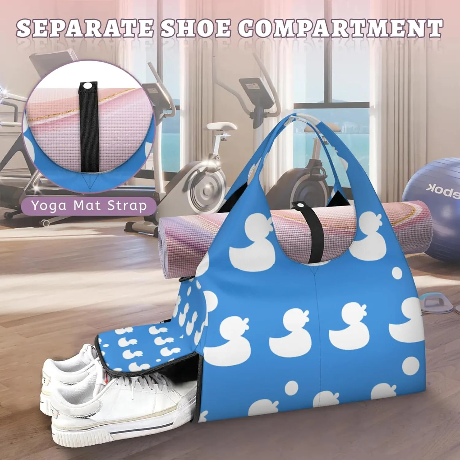 Cute Duck Blue Gym Bag Yoga Mat Tote for Women with Shoes Compartment Lightweight Duffle Travel Carrier Wet Dry Storage Pockets Adjustable Pilates Mats Shoulder Bags for Sport Swim