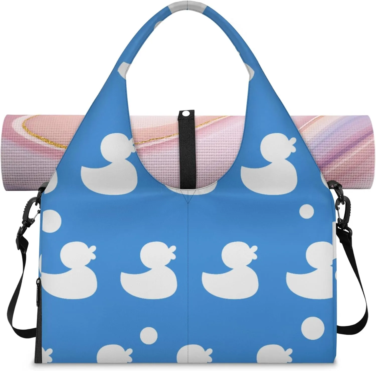 Cute Duck Blue Gym Bag Yoga Mat Tote for Women with Shoes Compartment Lightweight Duffle Travel Carrier Wet Dry Storage Pockets Adjustable Pilates Mats Shoulder Bags for Sport Swim