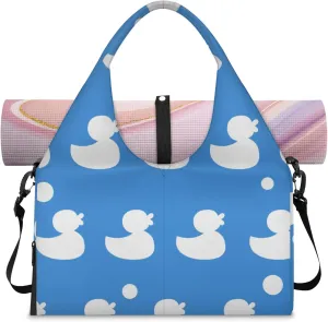 Cute Duck Blue Gym Bag Yoga Mat Tote for Women with Shoes Compartment Lightweight Duffle Travel Carrier Wet Dry Storage Pockets Adjustable Pilates Mats Shoulder Bags for Sport Swim