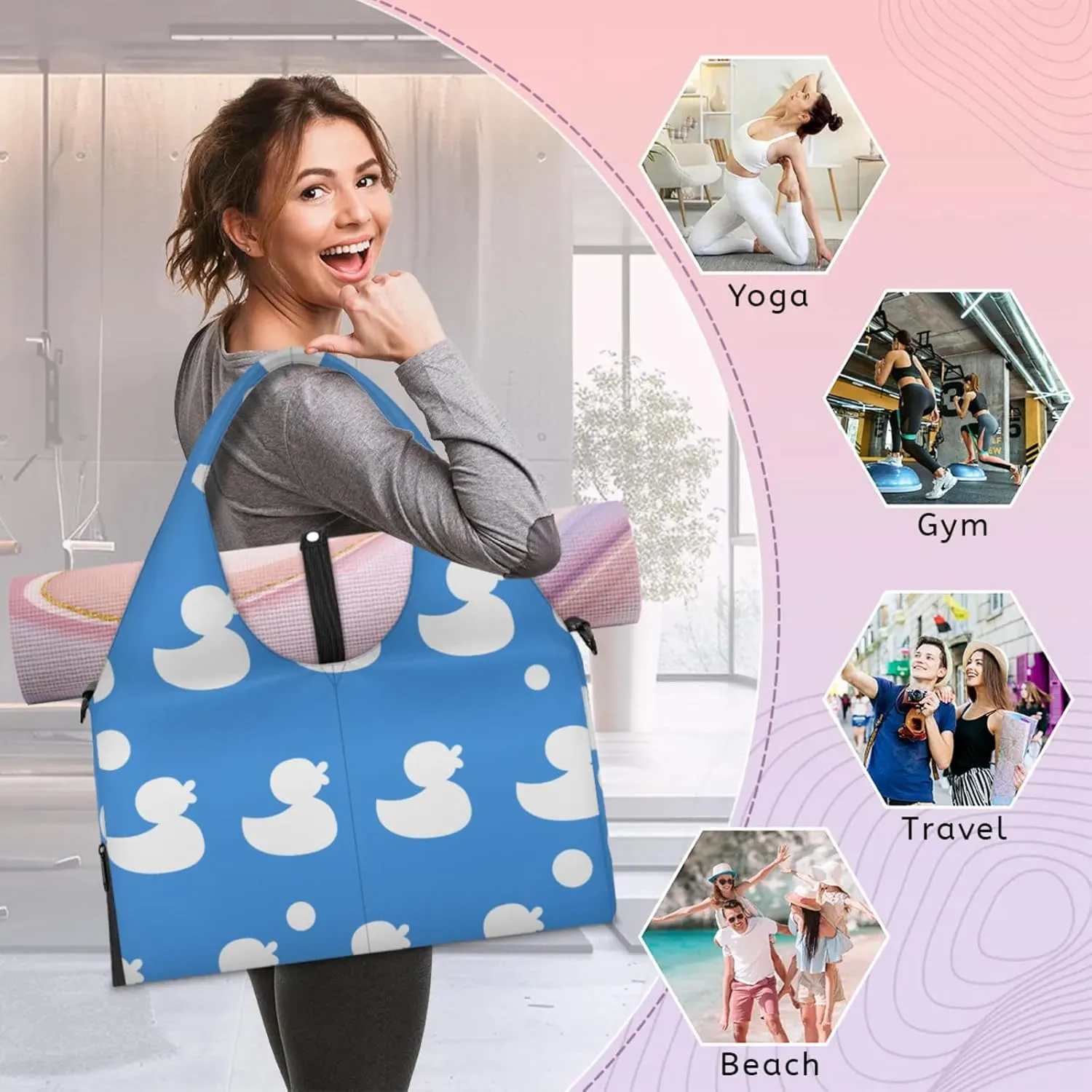 Cute Duck Blue Gym Bag Yoga Mat Tote for Women with Shoes Compartment Lightweight Duffle Travel Carrier Wet Dry Storage Pockets Adjustable Pilates Mats Shoulder Bags for Sport Swim