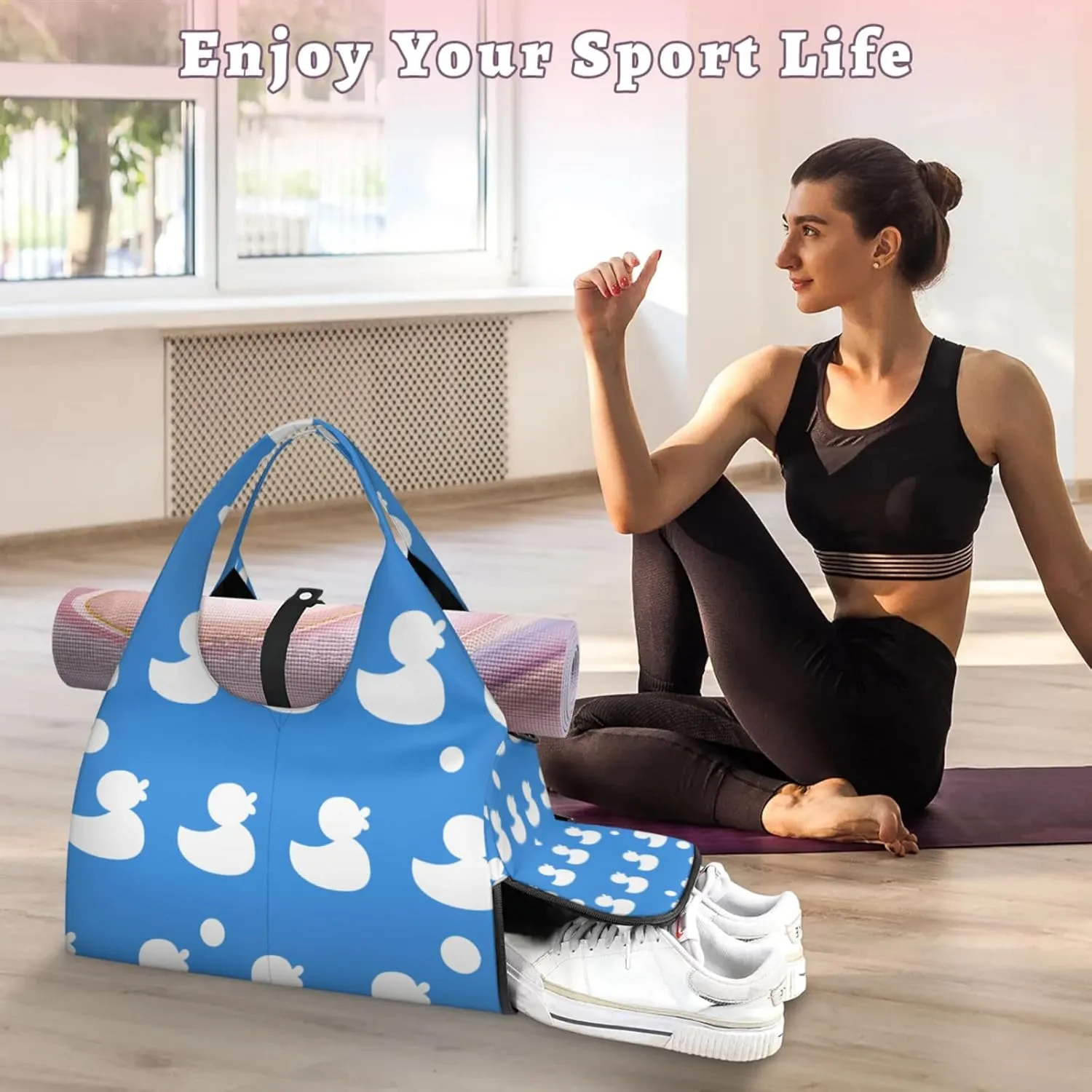 Cute Duck Blue Gym Bag Yoga Mat Tote for Women with Shoes Compartment Lightweight Duffle Travel Carrier Wet Dry Storage Pockets Adjustable Pilates Mats Shoulder Bags for Sport Swim