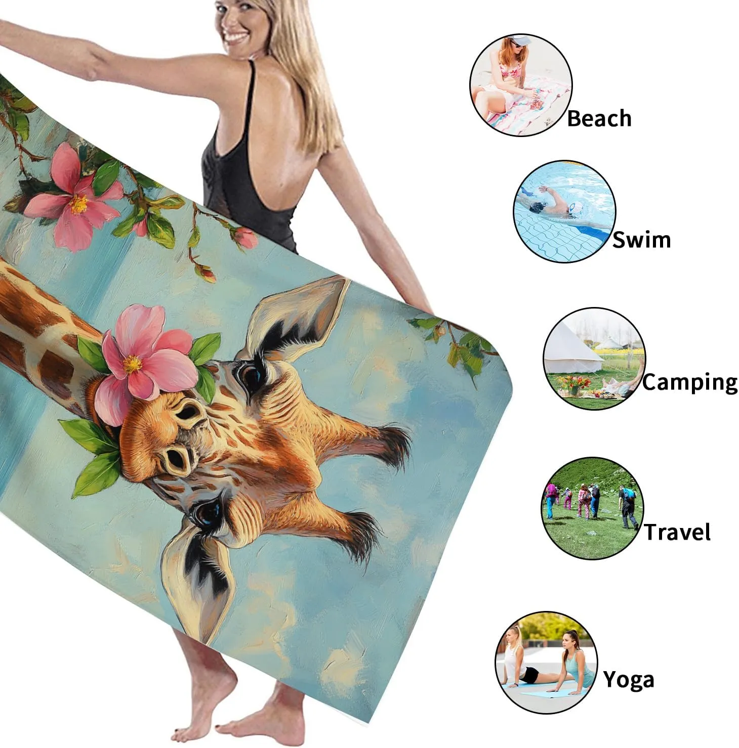 Cute Giraffe Beach Towel Microfiber Extra Large Tropical Floral Design, Quick Dry Lightweight Sand Free Bath Towel, Perfect for Beach Picnic Outdoor Travel Pool Essentials 62x31 Inch