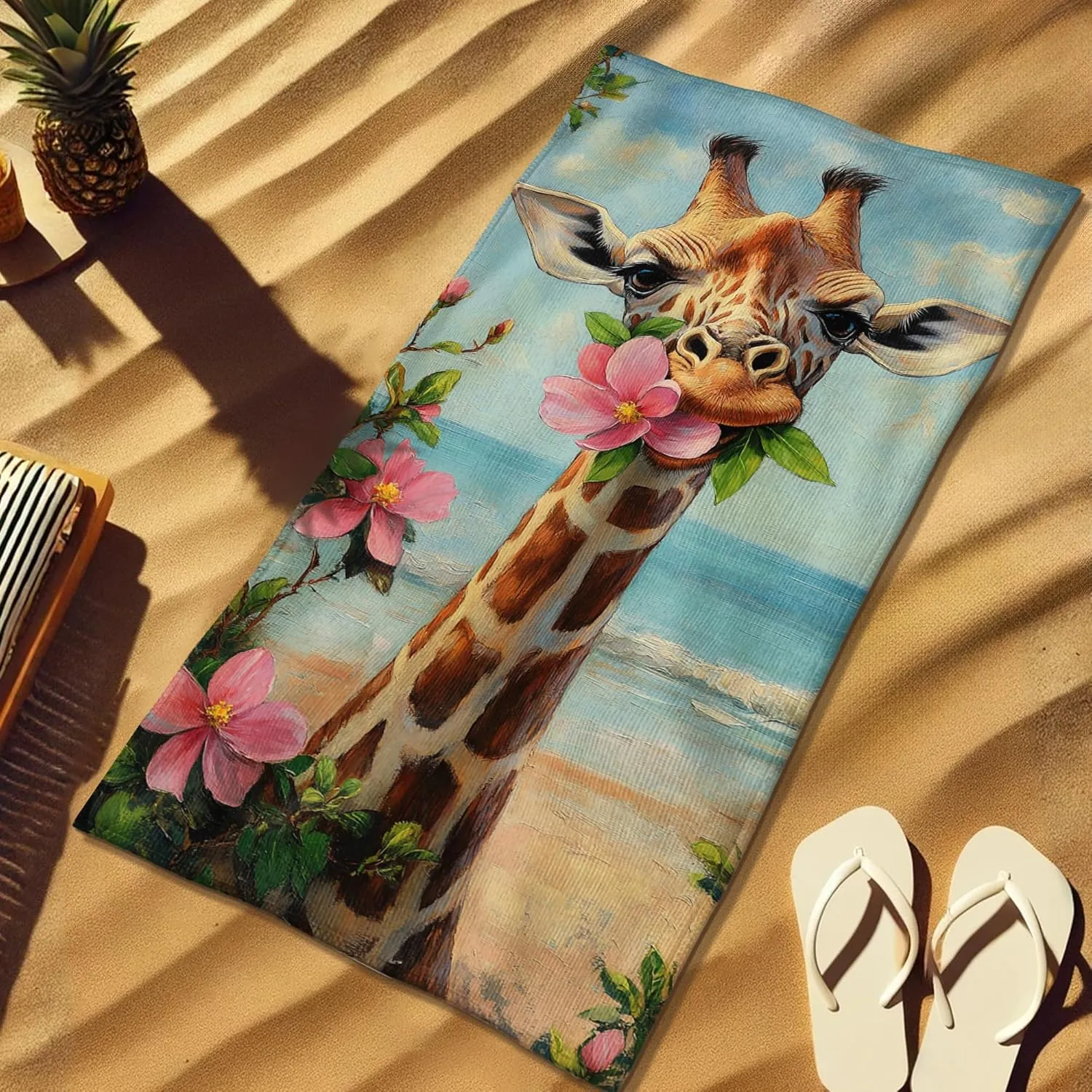 Cute Giraffe Beach Towel Microfiber Extra Large Tropical Floral Design, Quick Dry Lightweight Sand Free Bath Towel, Perfect for Beach Picnic Outdoor Travel Pool Essentials 62x31 Inch