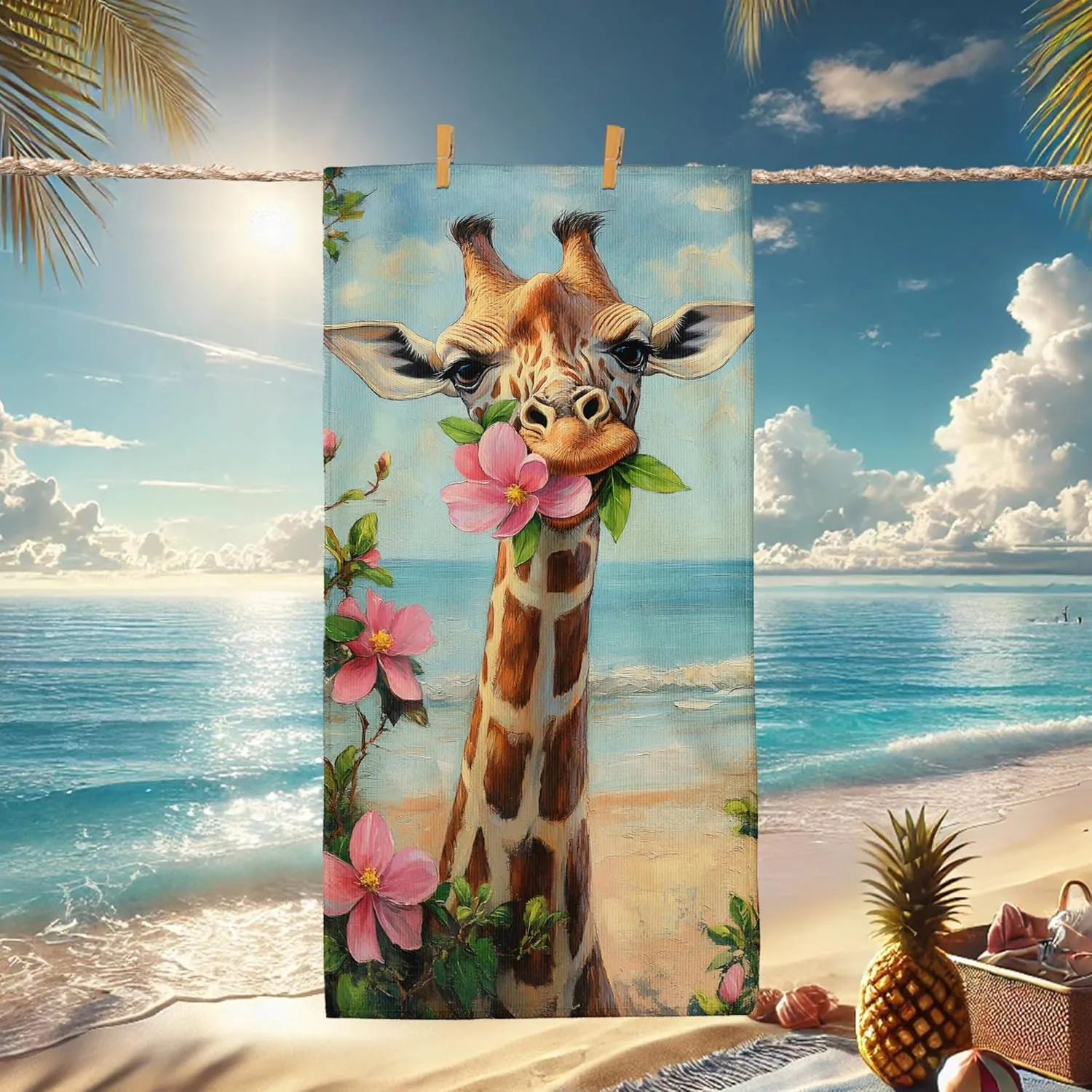 Cute Giraffe Beach Towel Microfiber Extra Large Tropical Floral Design, Quick Dry Lightweight Sand Free Bath Towel, Perfect for Beach Picnic Outdoor Travel Pool Essentials 62x31 Inch
