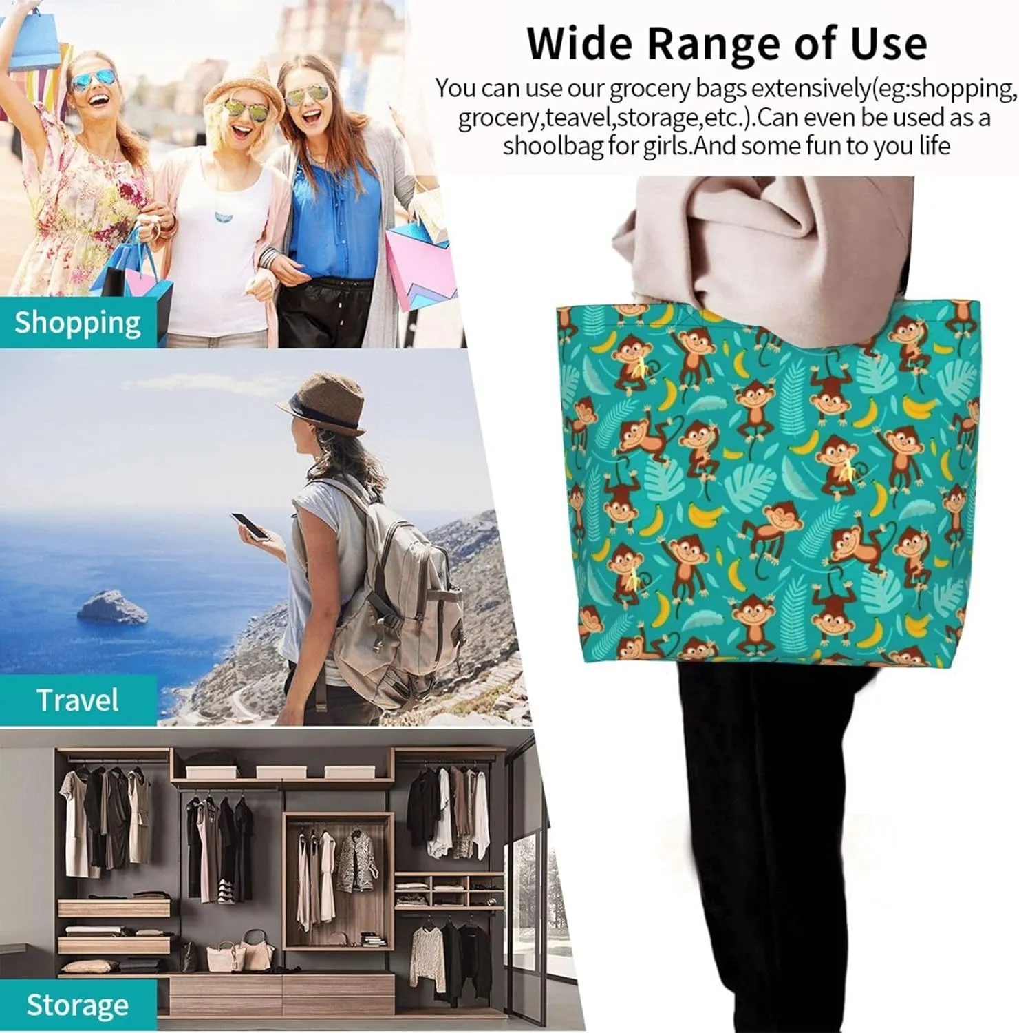 Cute Monkey Grocery Bag Monkey Shoulder Bag Handbag Shopping Cute Grocery Bags Tote Bag Animal Bag