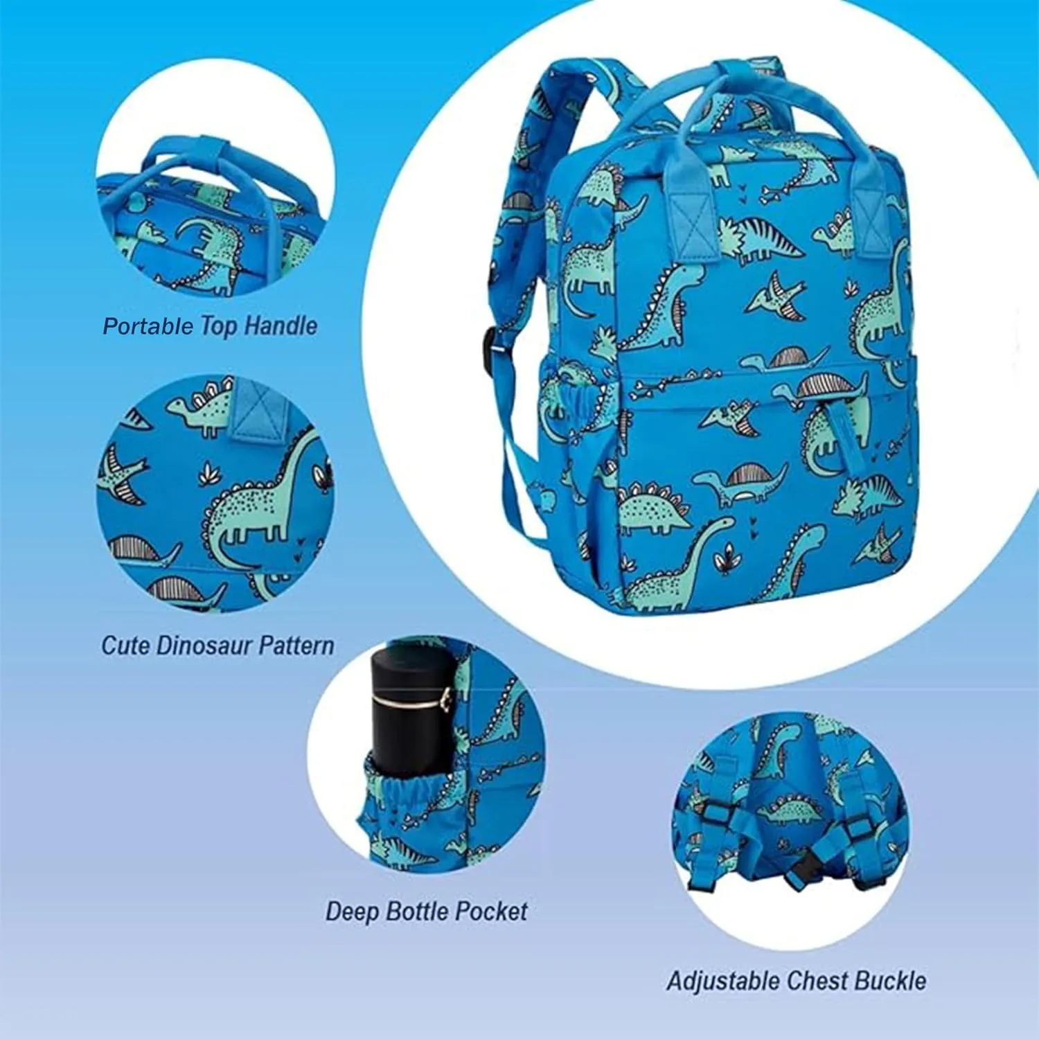Cute Preschool Backpack Toddler School Book Bag for Girls Boys Kids Kindergarten Nursery Travel Bag with Chest Strap(12inch, Blue Dinosaur)