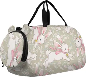Cute Running Bunny on Blooming Meadow Gym Travel Duffel Bag with Shoe Compartment for Boys Girls - Gymnastics Sports Dance Football Travel Bag Teens Weekender Sleepover