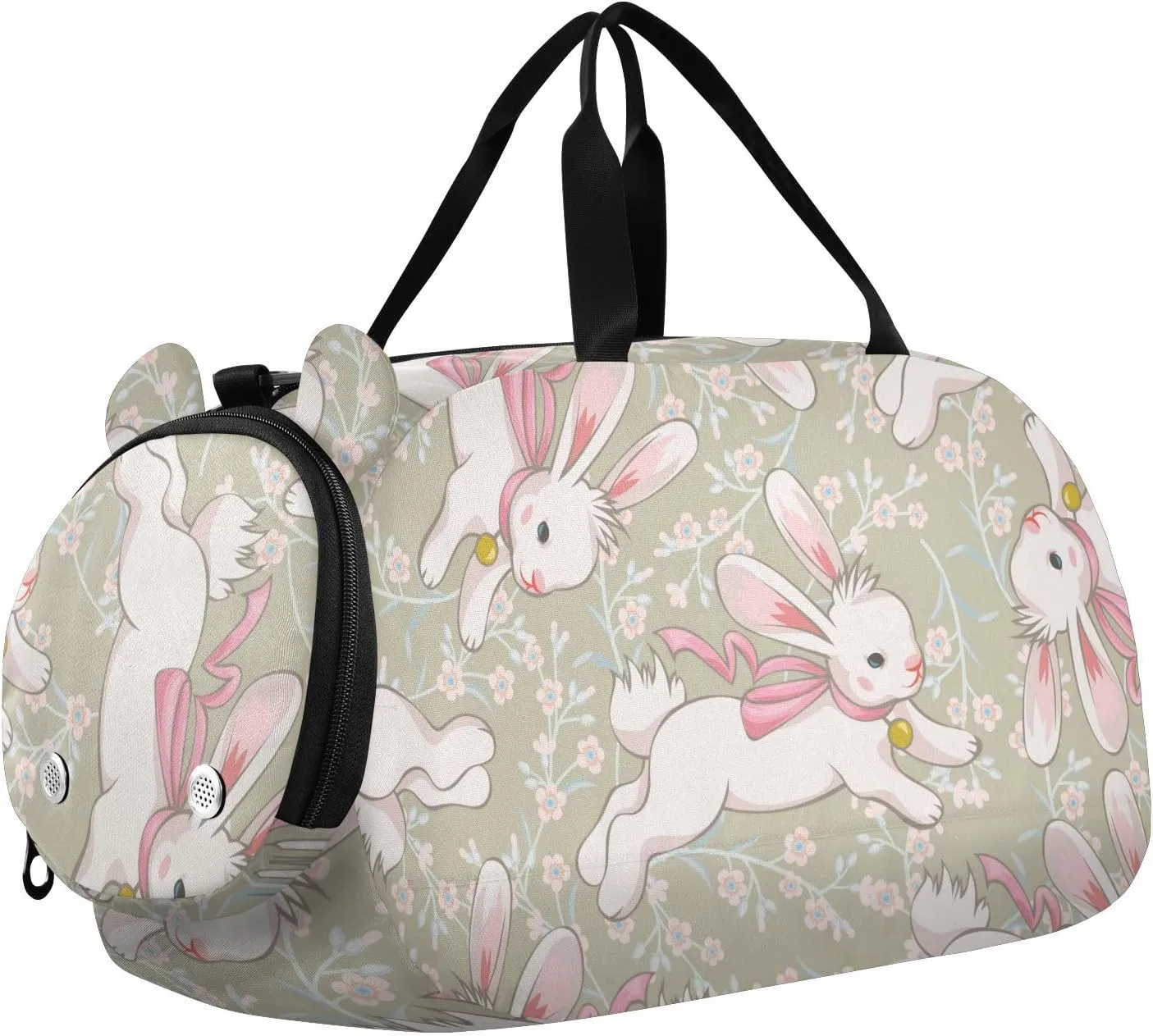Cute Running Bunny on Blooming Meadow Gym Travel Duffel Bag with Shoe Compartment for Boys Girls - Gymnastics Sports Dance Football Travel Bag Teens Weekender Sleepover