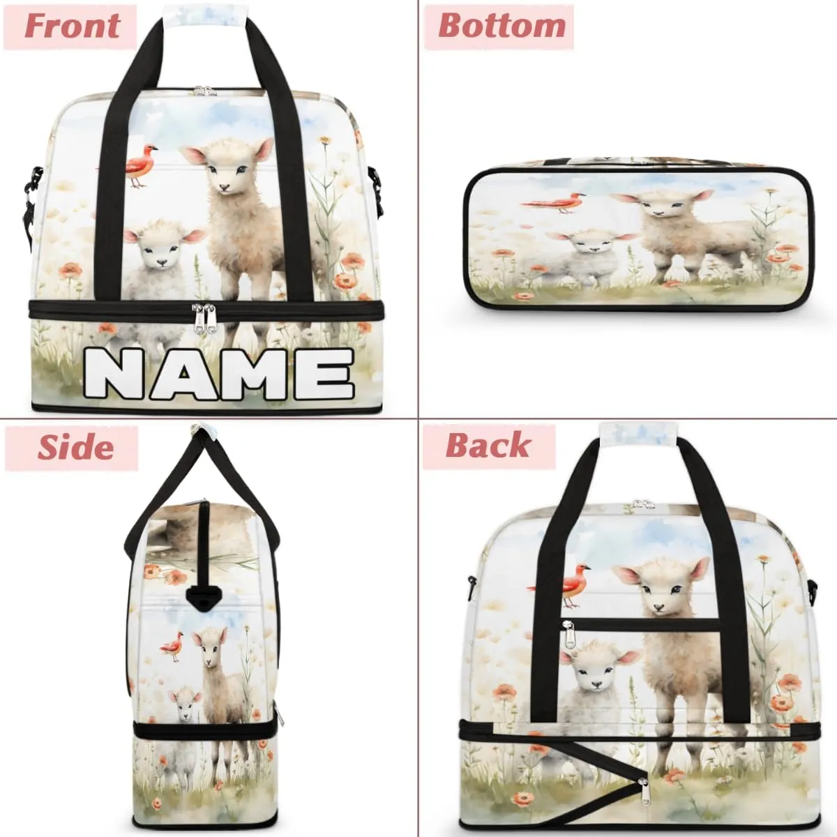 Cute Sheep Lamb Custom Foldable Duffle Bag with Shoes Compartment Personalized Large Capacity Waterproof Travel Weekender Bag Overnight Bag for Sports Gym