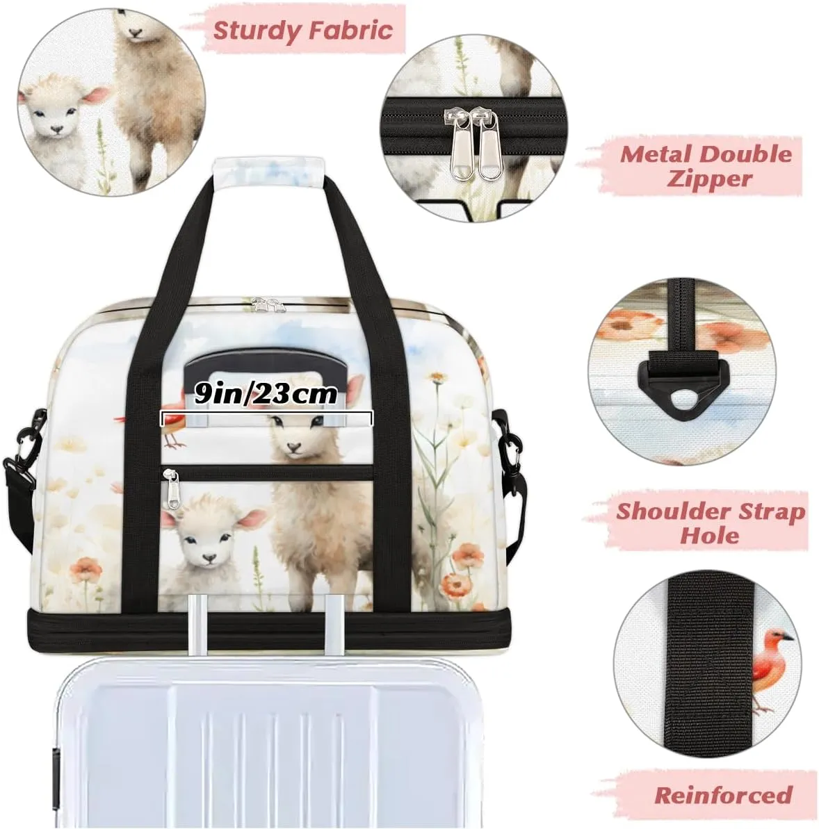 Cute Sheep Lamb Custom Foldable Duffle Bag with Shoes Compartment Personalized Large Capacity Waterproof Travel Weekender Bag Overnight Bag for Sports Gym