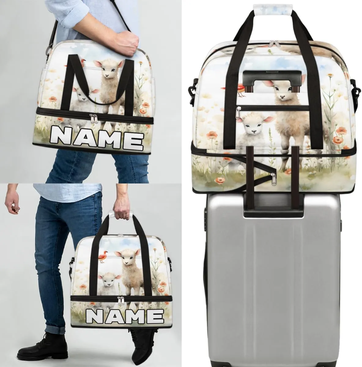 Cute Sheep Lamb Custom Foldable Duffle Bag with Shoes Compartment Personalized Large Capacity Waterproof Travel Weekender Bag Overnight Bag for Sports Gym