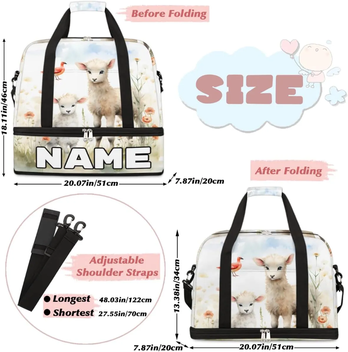 Cute Sheep Lamb Custom Foldable Duffle Bag with Shoes Compartment Personalized Large Capacity Waterproof Travel Weekender Bag Overnight Bag for Sports Gym