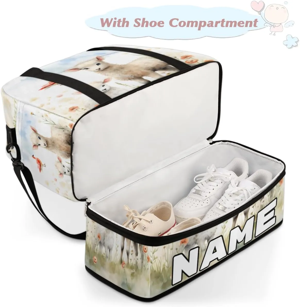 Cute Sheep Lamb Custom Foldable Duffle Bag with Shoes Compartment Personalized Large Capacity Waterproof Travel Weekender Bag Overnight Bag for Sports Gym
