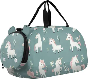 Cute unicorns Sage Blue Kids Duffel Bag with Shoes Compartment Multifunctional Kids Overnight Bag for Travel, Sports, Fitness & Workout