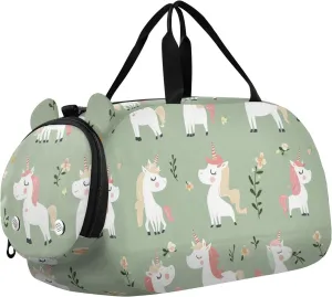 Cute unicorns Sage Green Boy's Gym Duffel Bag with Shoes Compartment Large Capacity Weekender Overnight Dance Bag for Boys and Girls