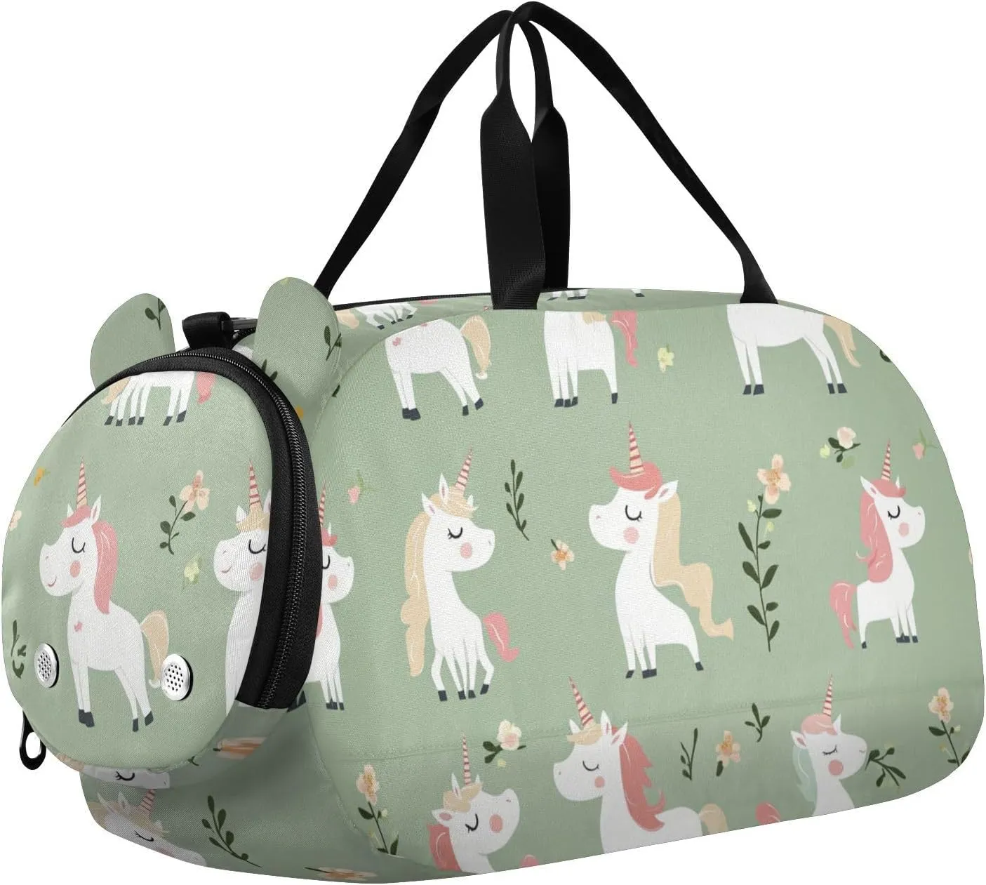 Cute unicorns Sage Green Boy's Gym Duffel Bag with Shoes Compartment Large Capacity Weekender Overnight Dance Bag for Boys and Girls