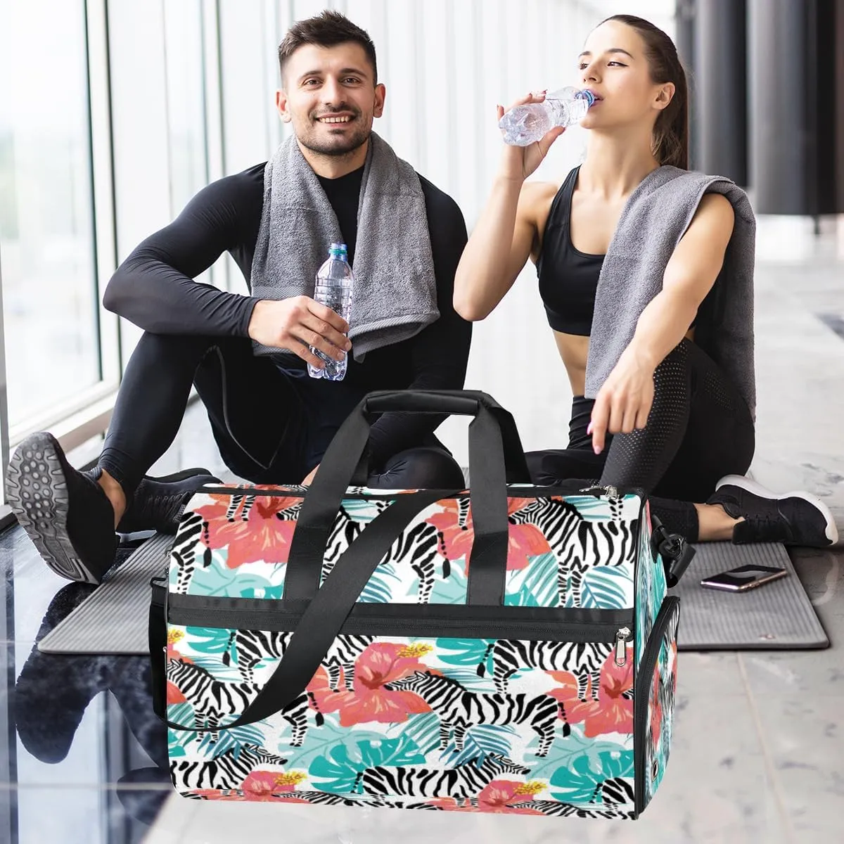 Cute Zebras Paint Sports Gym Bag for Women Men Travel Duffel Bag with Wet Pocket & Shoes Compartment Waterproof Weekender Overnight Tote Carry on Bag Lightweight