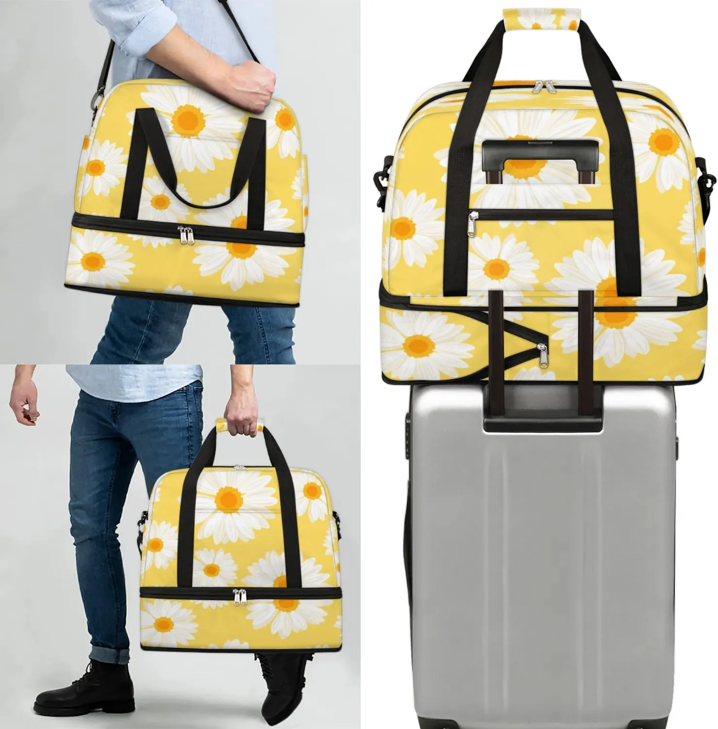 Daisy Print Sports Gym Bag with Shoes Compartment Foldable Travel Duffel Bag Dry Wet Separated Sports Tote Workout Weekender Overnight Bag for Women Yoga Dance Work Training Handbag
