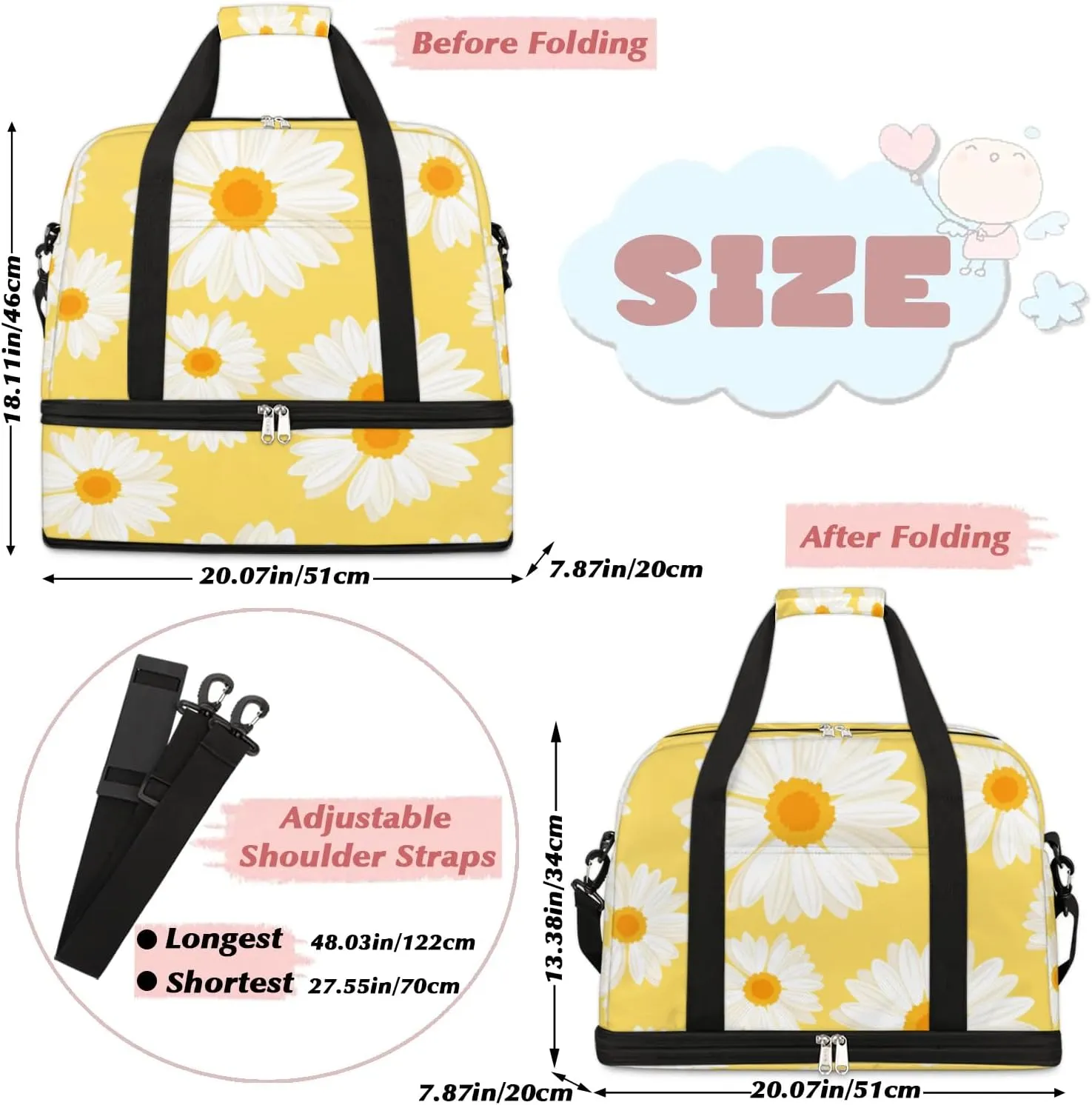Daisy Print Sports Gym Bag with Shoes Compartment Foldable Travel Duffel Bag Dry Wet Separated Sports Tote Workout Weekender Overnight Bag for Women Yoga Dance Work Training Handbag