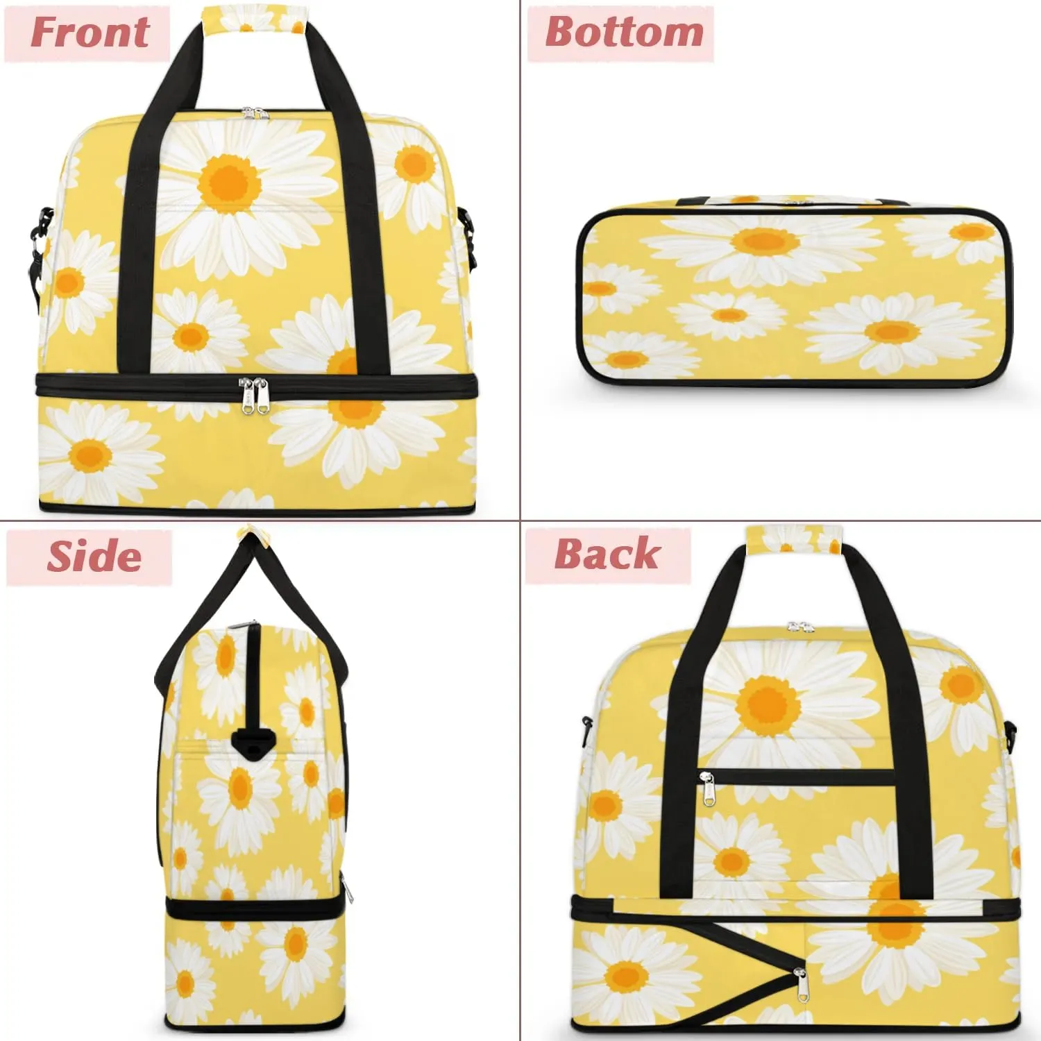 Daisy Print Sports Gym Bag with Shoes Compartment Foldable Travel Duffel Bag Dry Wet Separated Sports Tote Workout Weekender Overnight Bag for Women Yoga Dance Work Training Handbag