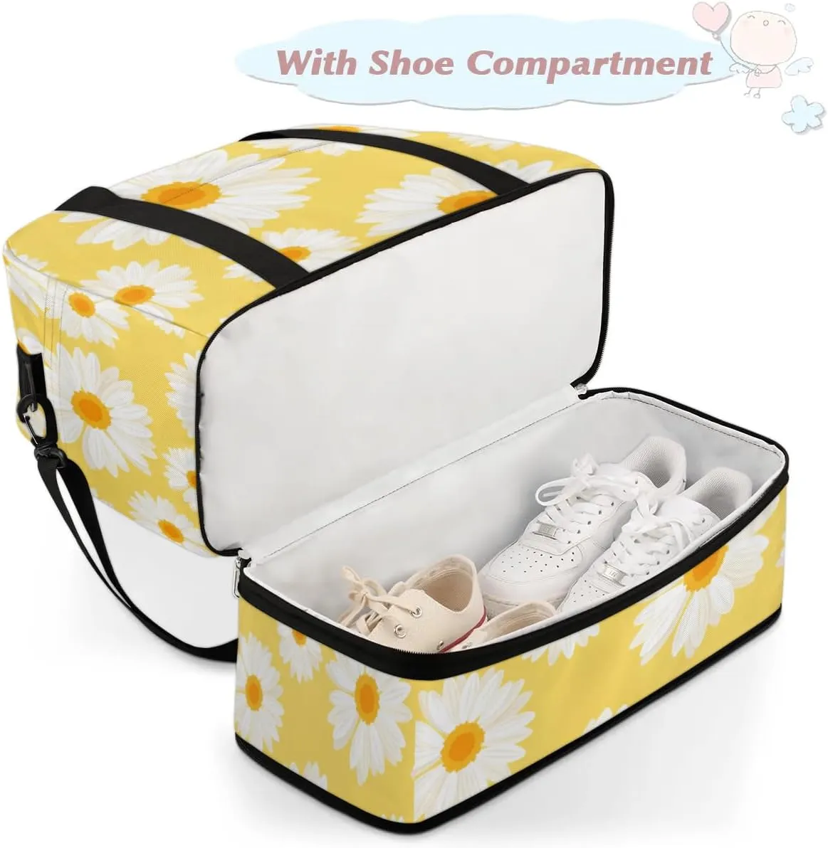Daisy Print Sports Gym Bag with Shoes Compartment Foldable Travel Duffel Bag Dry Wet Separated Sports Tote Workout Weekender Overnight Bag for Women Yoga Dance Work Training Handbag