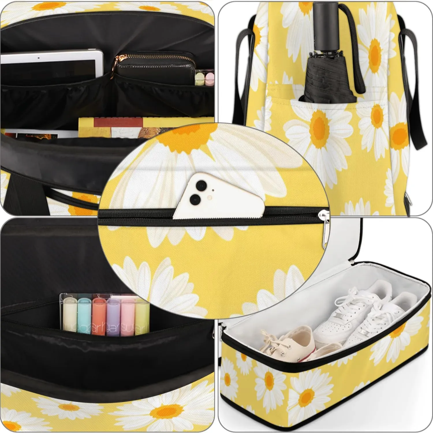 Daisy Print Sports Gym Bag with Shoes Compartment Foldable Travel Duffel Bag Dry Wet Separated Sports Tote Workout Weekender Overnight Bag for Women Yoga Dance Work Training Handbag