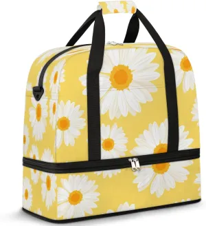 Daisy Print Sports Gym Bag with Shoes Compartment Foldable Travel Duffel Bag Dry Wet Separated Sports Tote Workout Weekender Overnight Bag for Women Yoga Dance Work Training Handbag