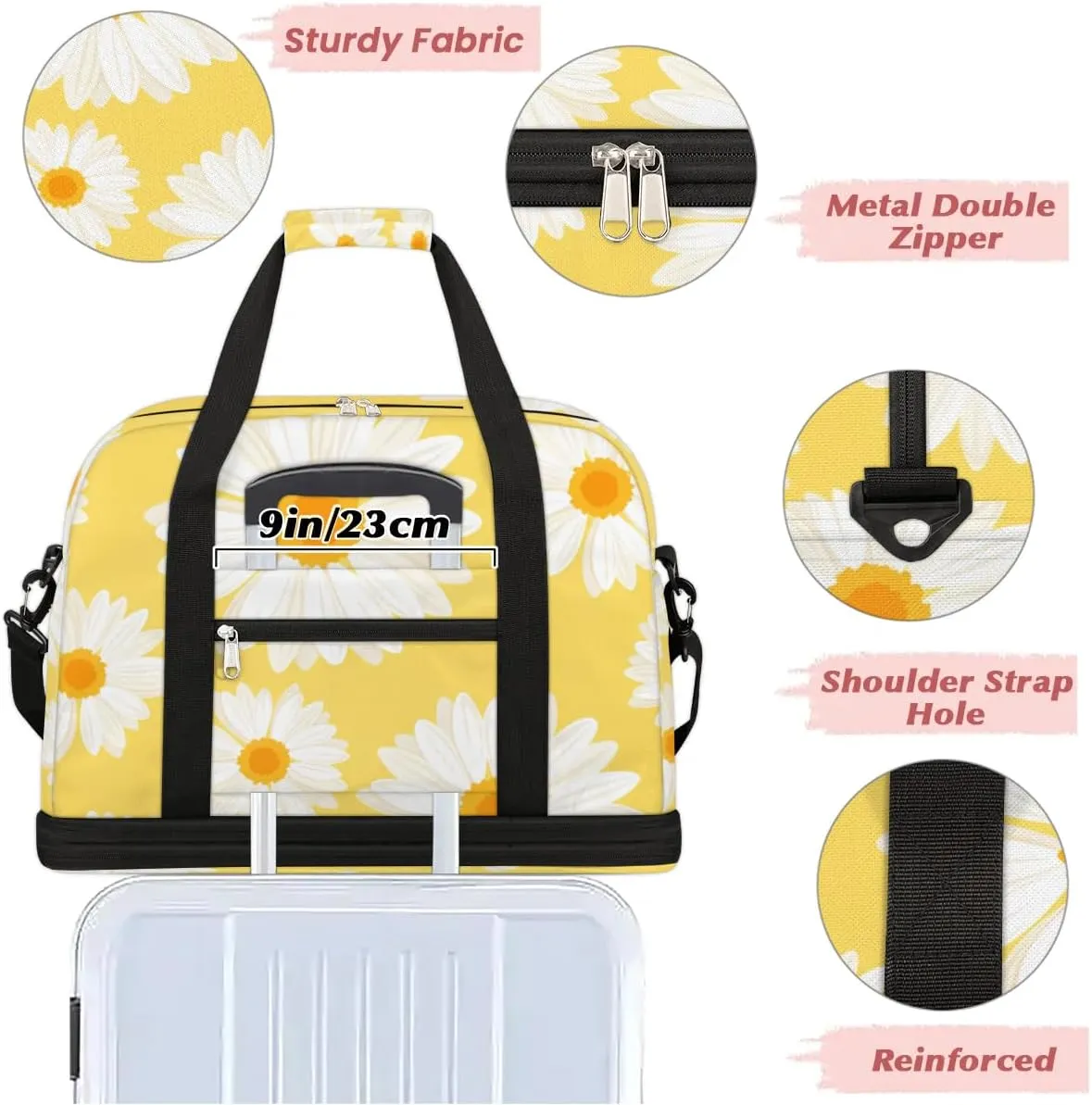 Daisy Print Sports Gym Bag with Shoes Compartment Foldable Travel Duffel Bag Dry Wet Separated Sports Tote Workout Weekender Overnight Bag for Women Yoga Dance Work Training Handbag