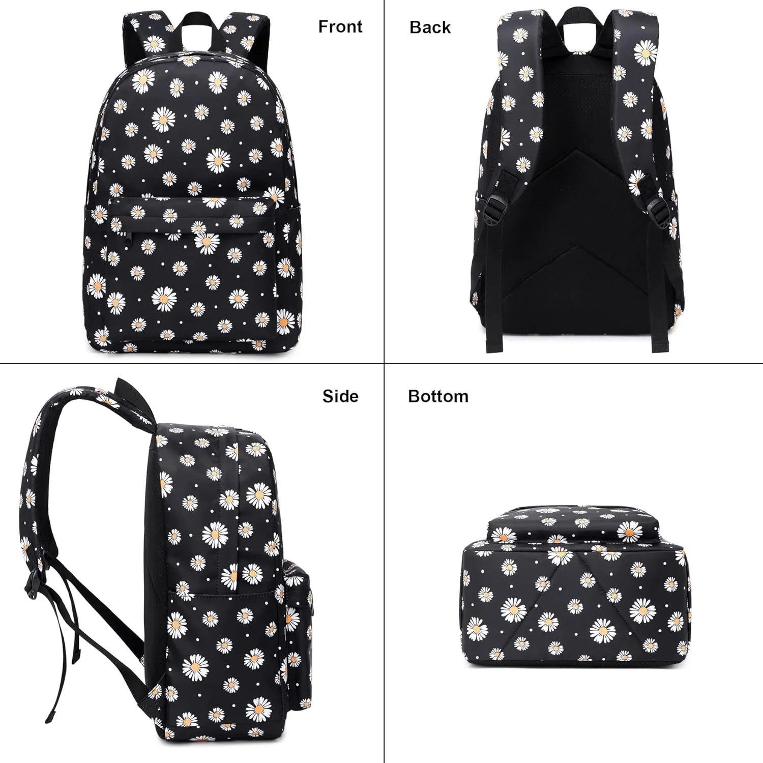Daisy School Backpack for Girls Womens, School Bags Collge Bookbags Laptop Backpacks for Kids Teens Adults (Black)