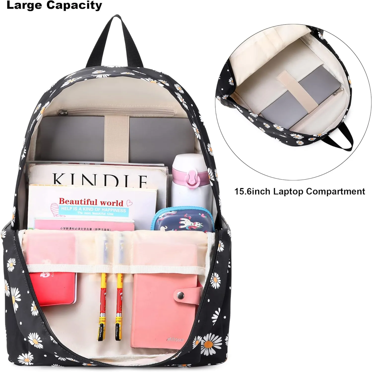 Daisy School Backpack for Girls Womens, School Bags Collge Bookbags Laptop Backpacks for Kids Teens Adults (Black)