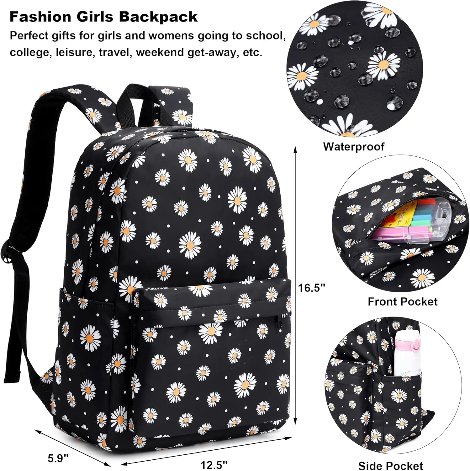 Daisy School Backpack for Girls Womens, School Bags Collge Bookbags Laptop Backpacks for Kids Teens Adults (Black)
