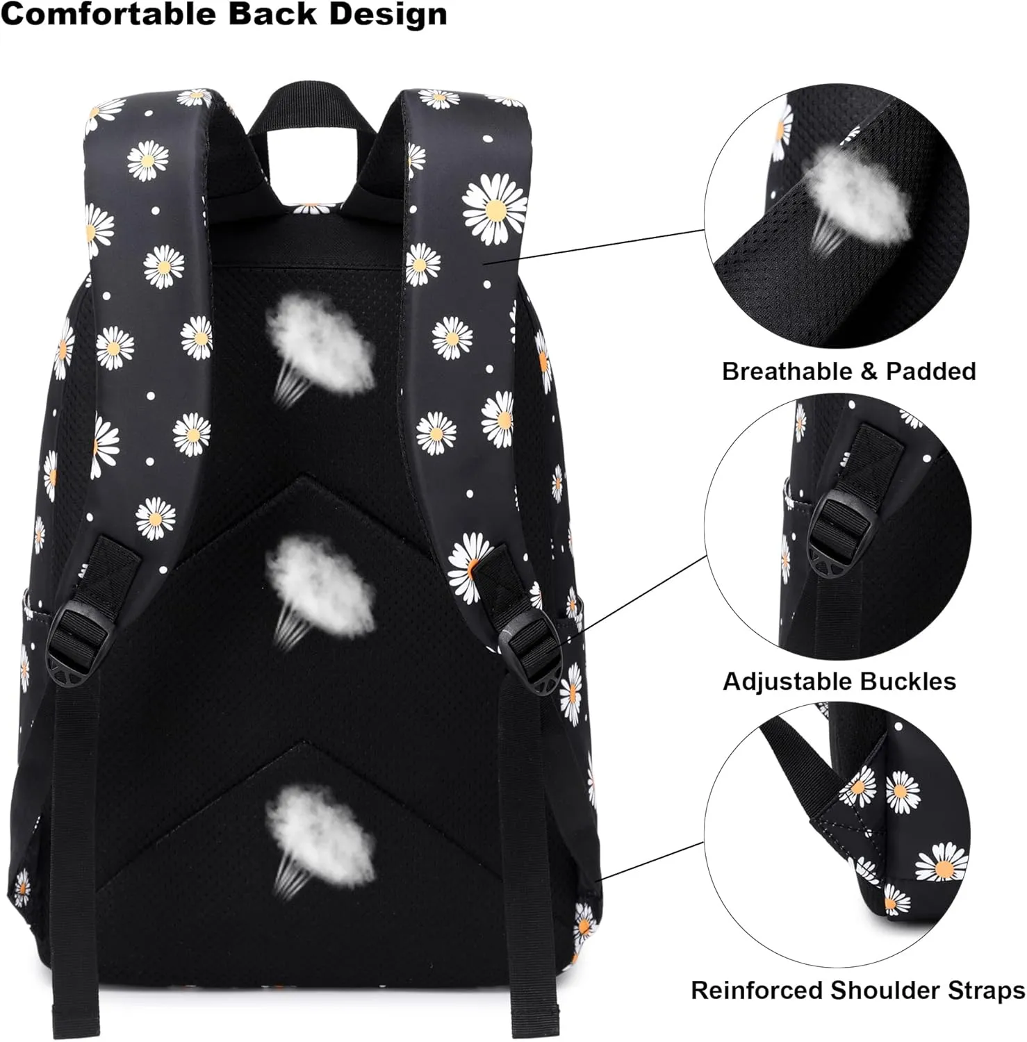 Daisy School Backpack for Girls Womens, School Bags Collge Bookbags Laptop Backpacks for Kids Teens Adults (Black)