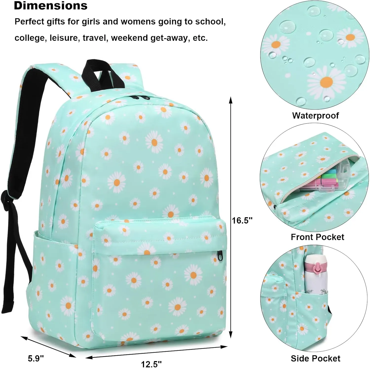 Daisy School Backpack for Girls Womens, School Bags Collge Bookbags Laptop Backpacks for Kids Teens Adults (Green)