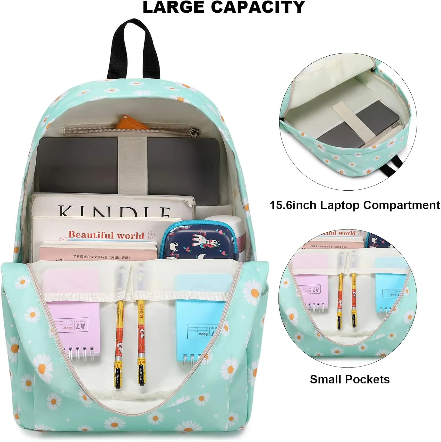 Daisy School Backpack for Girls Womens, School Bags Collge Bookbags Laptop Backpacks for Kids Teens Adults (Green)