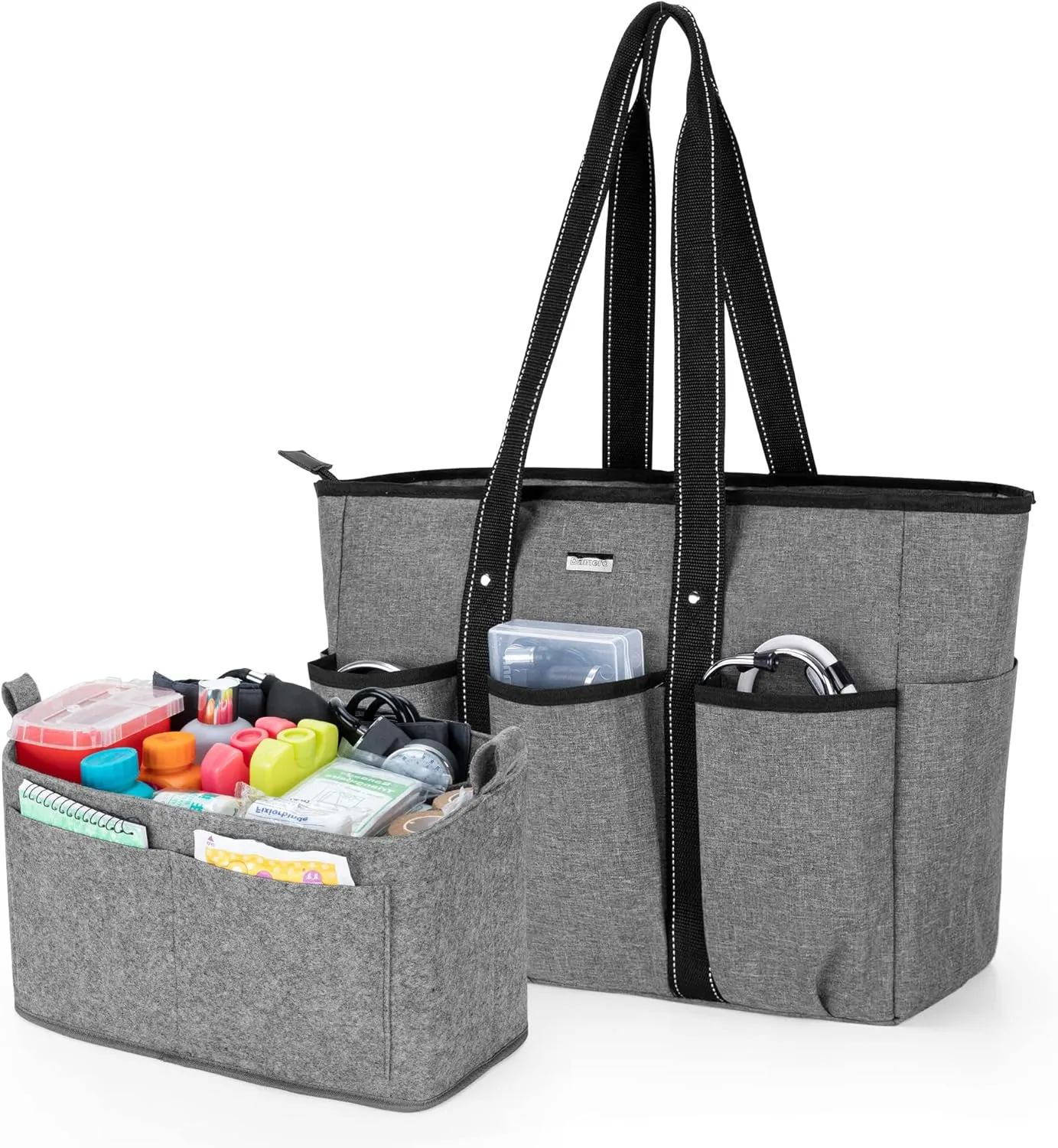 Damero Nurse Tote Bags with Purse Organizer Insert, Nurse Bags for Work with Padded 15.6'' Laptop Sleeve and Multiple Pockets, Grey