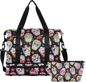 Day Of The Dead Sugar Skull Travel Duffel Bag for Women Men Gym Bag with Shoe Compartment Wet Pocket Carry On Weekender Overnight Bags for Travel Gym Yoga School