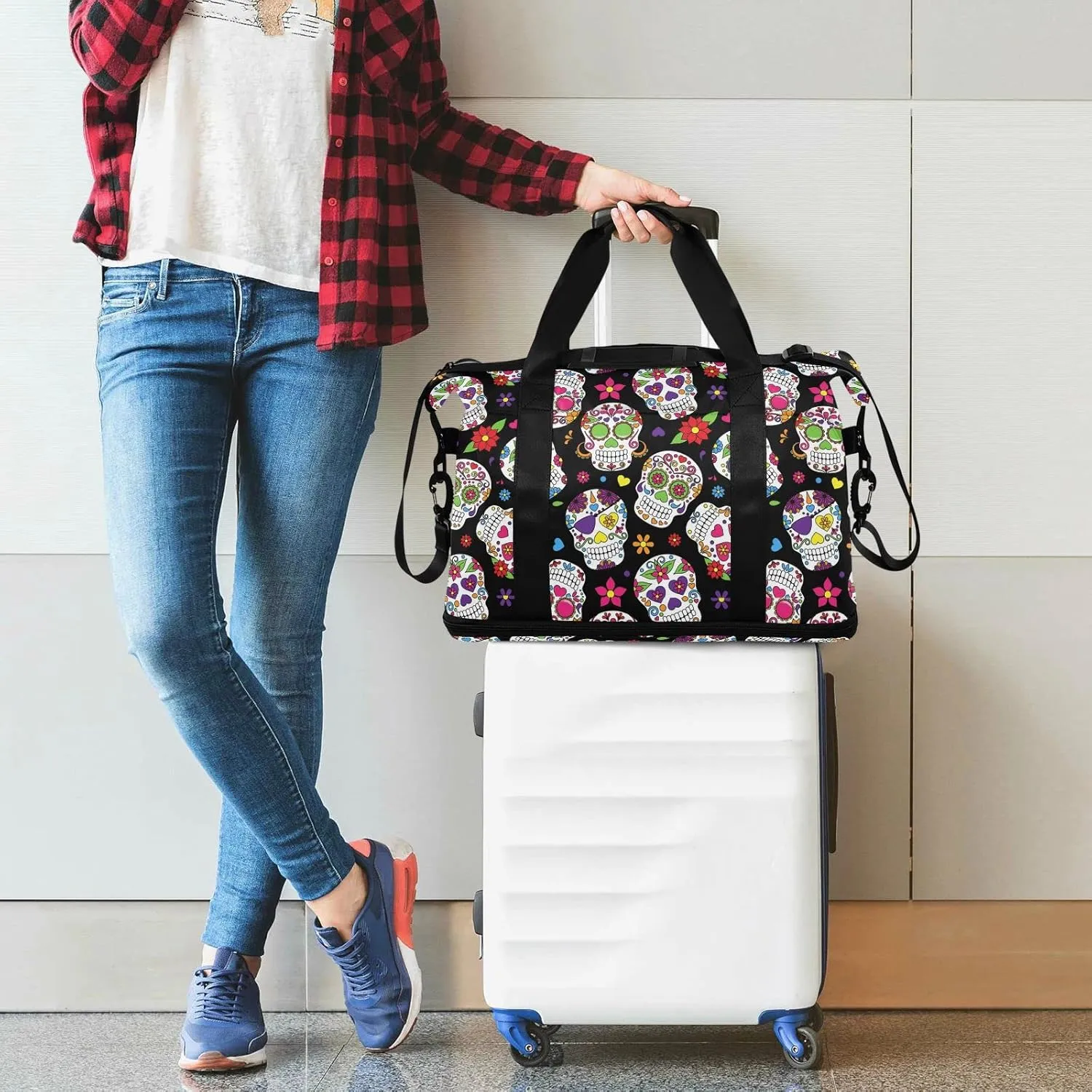 Day Of The Dead Sugar Skull Travel Duffel Bag for Women Men Gym Bag with Shoe Compartment Wet Pocket Carry On Weekender Overnight Bags for Travel Gym Yoga School