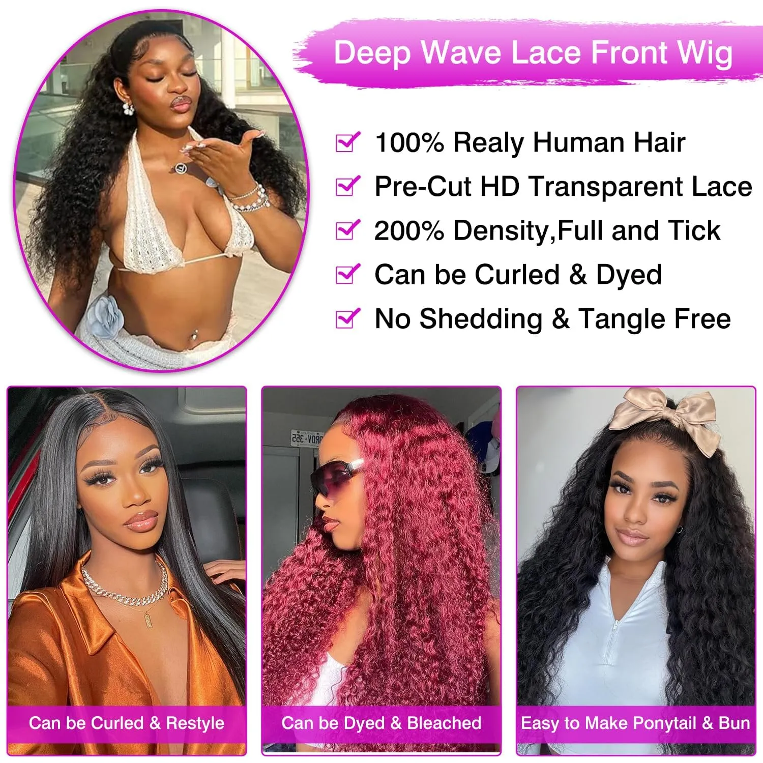 Deep Wave Lace Front Wigs Human Hair 13x6 HD Transparent Lace Front Wigs Human Hair 200% Density Deep Curly Human Hair Wig Pre Plucked Deep Wave Frontal Wigs Natural Color 30 Inch
