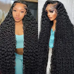 Deep Wave Lace Front Wigs Human Hair 13x6 HD Transparent Lace Front Wigs Human Hair 200% Density Deep Curly Human Hair Wig Pre Plucked Deep Wave Frontal Wigs Natural Color 30 Inch