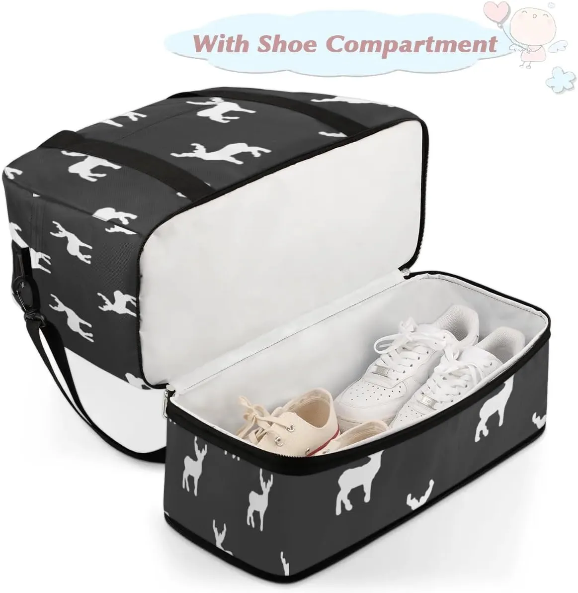 Deer Print Sports Gym Bag with Shoes Compartment Foldable Travel Duffel Bag Dry Wet Separated Sports Tote Workout Weekender Overnight Bag for Women Yoga Dance Work Training Handbag