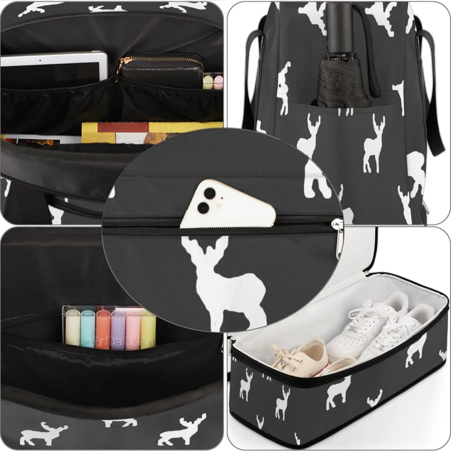 Deer Print Sports Gym Bag with Shoes Compartment Foldable Travel Duffel Bag Dry Wet Separated Sports Tote Workout Weekender Overnight Bag for Women Yoga Dance Work Training Handbag