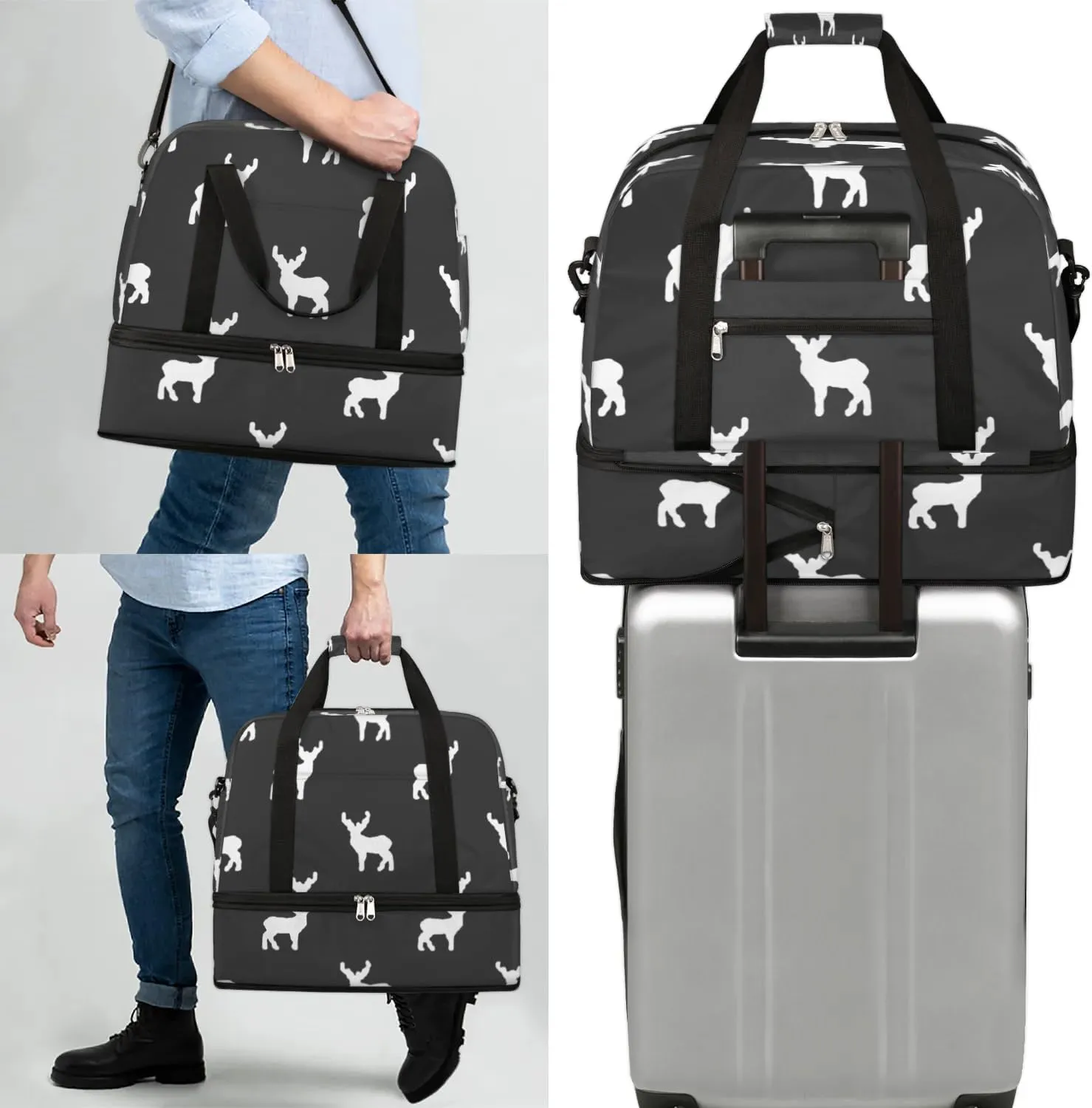 Deer Print Sports Gym Bag with Shoes Compartment Foldable Travel Duffel Bag Dry Wet Separated Sports Tote Workout Weekender Overnight Bag for Women Yoga Dance Work Training Handbag
