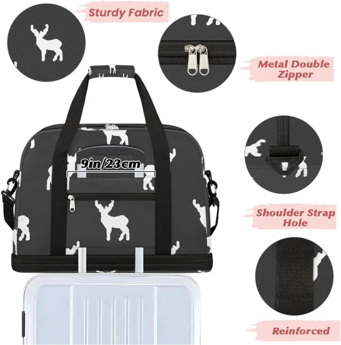 Deer Print Sports Gym Bag with Shoes Compartment Foldable Travel Duffel Bag Dry Wet Separated Sports Tote Workout Weekender Overnight Bag for Women Yoga Dance Work Training Handbag