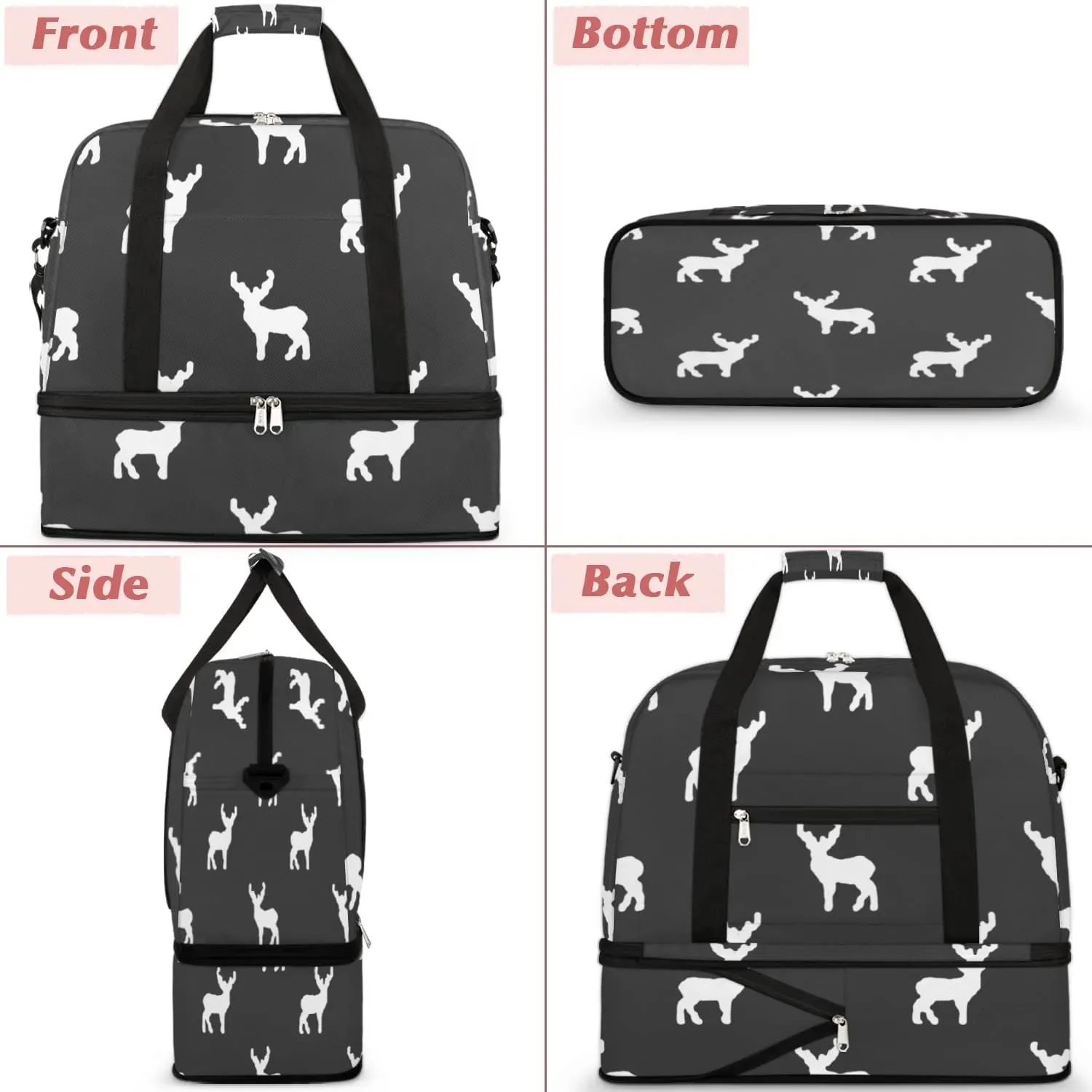 Deer Print Sports Gym Bag with Shoes Compartment Foldable Travel Duffel Bag Dry Wet Separated Sports Tote Workout Weekender Overnight Bag for Women Yoga Dance Work Training Handbag
