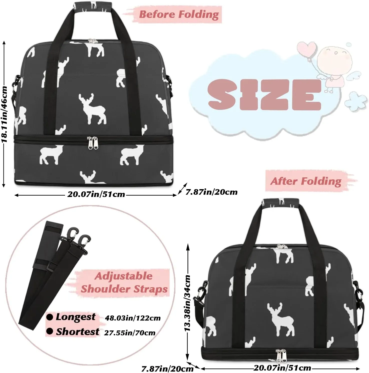 Deer Print Sports Gym Bag with Shoes Compartment Foldable Travel Duffel Bag Dry Wet Separated Sports Tote Workout Weekender Overnight Bag for Women Yoga Dance Work Training Handbag
