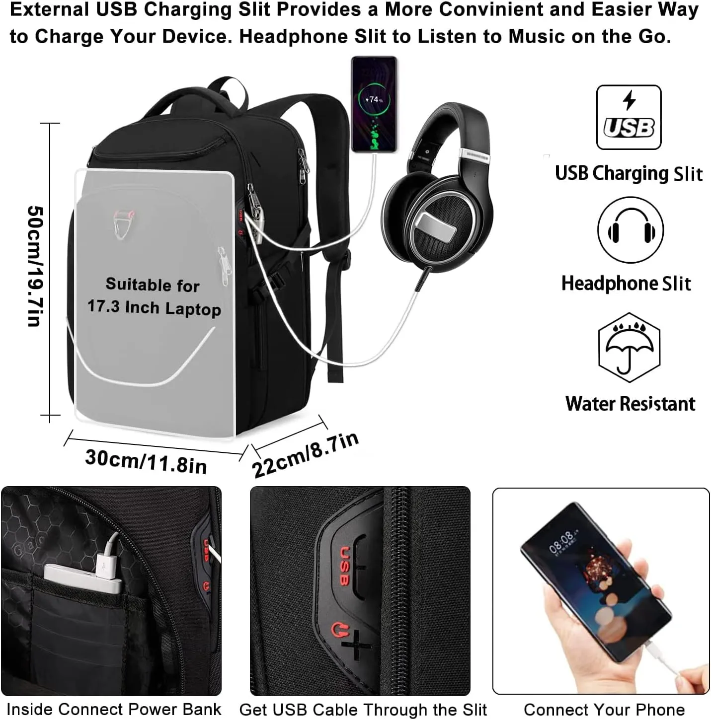 Della Gao Travel Laptop Backpack, Anti Theft Backpack for Men and Women with USB Charging Port Business Computer Backpack Bag (Black 2811-17 Inch)
