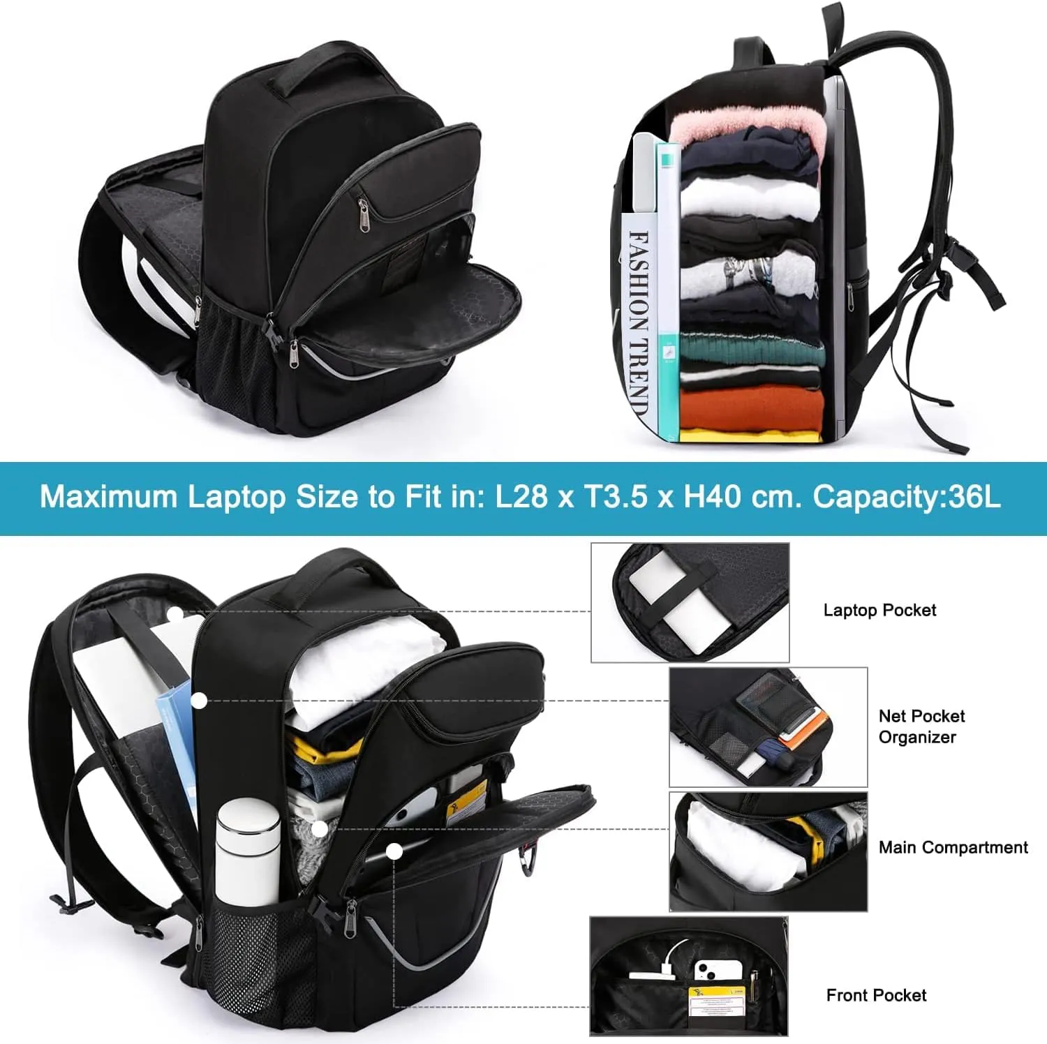Della Gao Travel Laptop Backpack, Anti Theft Backpack for Men and Women with USB Charging Port Business Computer Backpack Bag (Black 2811-17 Inch)